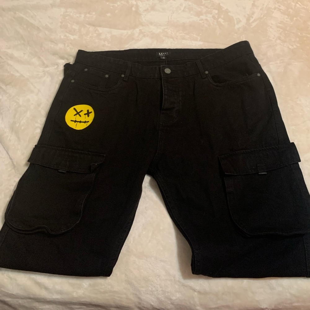 Boohooman Black Rigid Stacked Cargo Jeans New With Tags Men’s Size 42